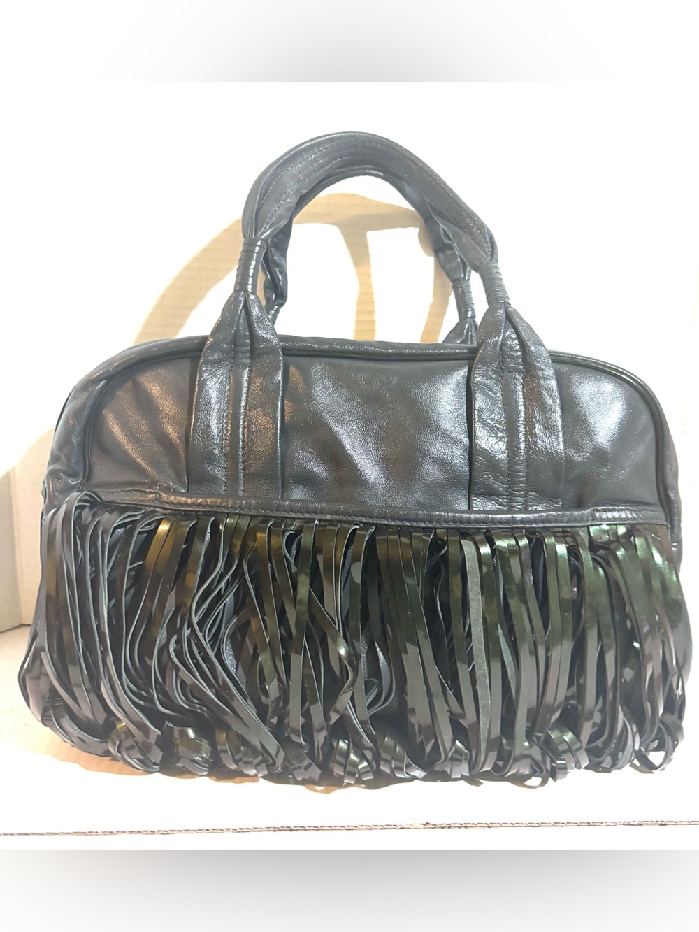 Black navy  blue Fringe Leather Satchel Bag - Women